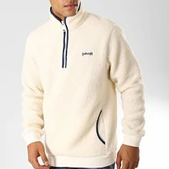 Promo ✨ Sweat Col Zippé Mouton Andric Blanc Cassé Bleu Marine de Schott NYC 🤩