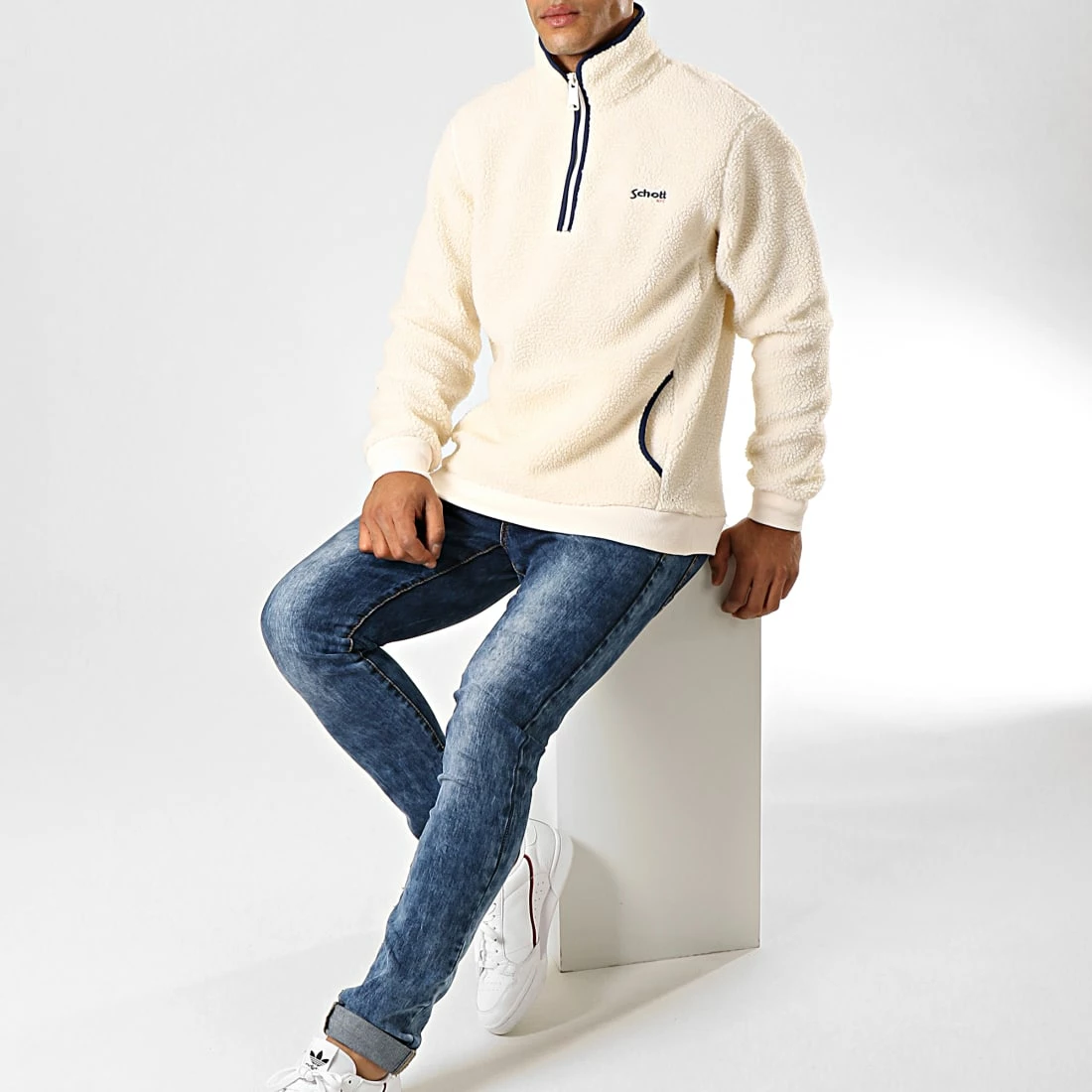 Promo ✨ Sweat Col Zippé Mouton Andric Blanc Cassé Bleu Marine de Schott NYC 🤩 4 Promo ✨ Sweat Col Zippé Mouton Andric Blanc Cassé Bleu Marine de Schott NYC 🤩 – Image 2