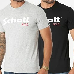 Nouveau ✔️ Lot De 2 Tee 👕 Shirts TS01MCLOGO Gris Chiné Noir de Schott NYC 🌟