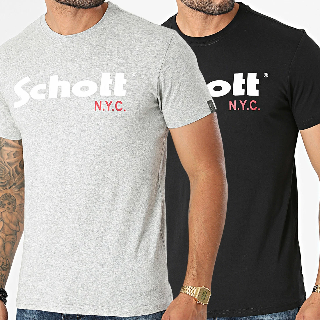 Nouveau ✔️ Lot De 2 Tee 👕 Shirts TS01MCLOGO Gris Chiné Noir de Schott NYC 🌟 2 Nouveau ✔️ Lot De 2 Tee 👕 Shirts TS01MCLOGO Gris Chiné Noir de Schott NYC 🌟
