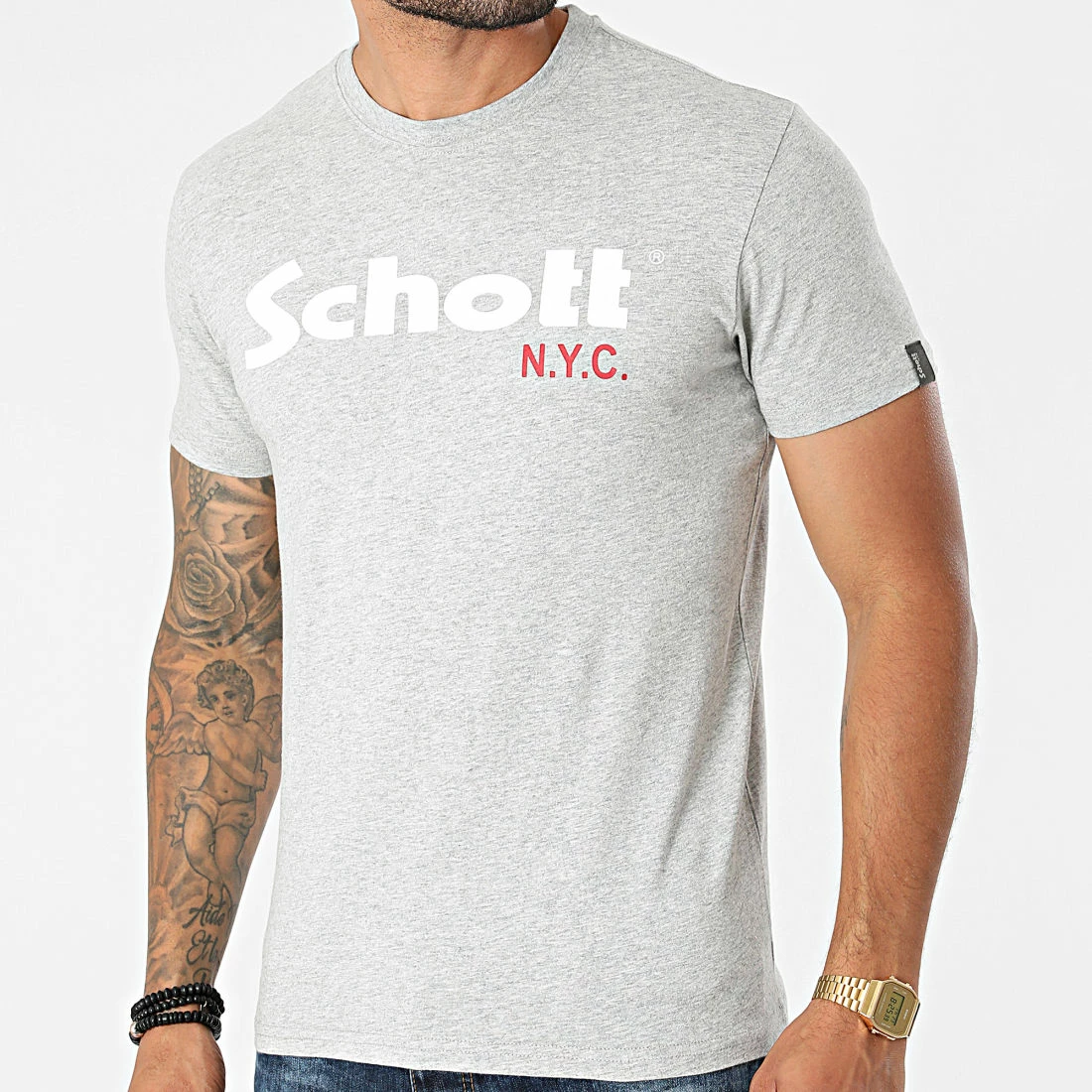 Nouveau ✔️ Lot De 2 Tee 👕 Shirts TS01MCLOGO Gris Chiné Noir de Schott NYC 🌟 3 Nouveau ✔️ Lot De 2 Tee 👕 Shirts TS01MCLOGO Gris Chiné Noir de Schott NYC 🌟 – Image 2