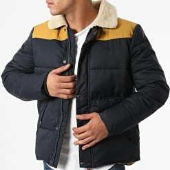 Meilleure vente 🎉 Doudoune Col Mouton Hills Bleu Marine Moutarde de Schott NYC 🧨