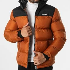 Vente flash 👏 Doudoune Capuche Utah 2 Marron Noir de Schott NYC ❤️