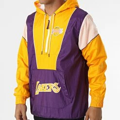 Remise đ Veste Col Zippé Capuche Los Angeles Lakers OJPO1038 Jaune Violet de Mitchell and Ness đ