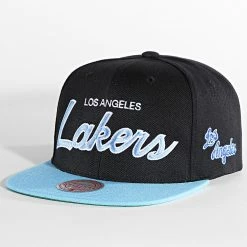 Grosses soldes 😍 Casquette Snapback Team Script 2 Los Angeles Lakers Noir Bleu de Mitchell and Ness 🎁
