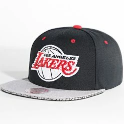 Sortie 🎉 Casquette Snapback Three Collection Los Angeles Lakers Noir Gris de Mitchell and Ness ⭐