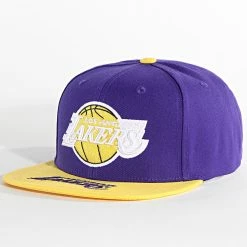 Promo ❤️ Casquette Snapback Logo Bill Los Angeles Lakers Violet Jaune de Mitchell and Ness 🤩
