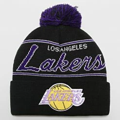 Remise ⌛ Bonnet Script Pom Los Angeles Lakers Noir de Mitchell and Ness 🥰